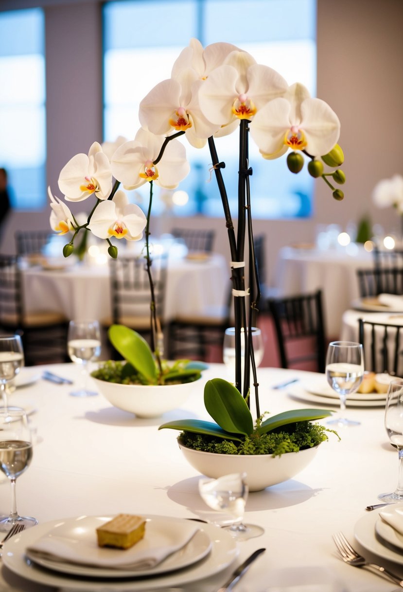 A white table adorned with floating orchid bowls for a wedding centerpiece