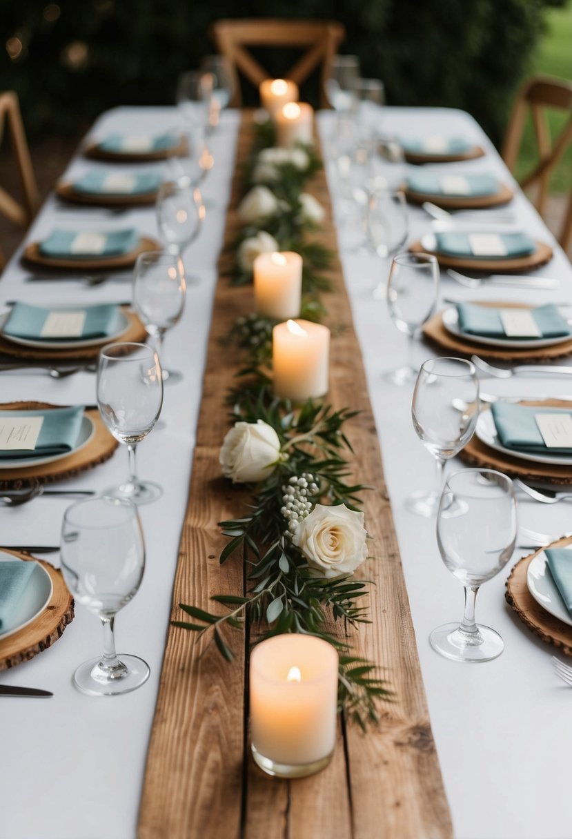 A rustic wooden table runner adorns a budget wedding table, set with simple yet elegant decorations