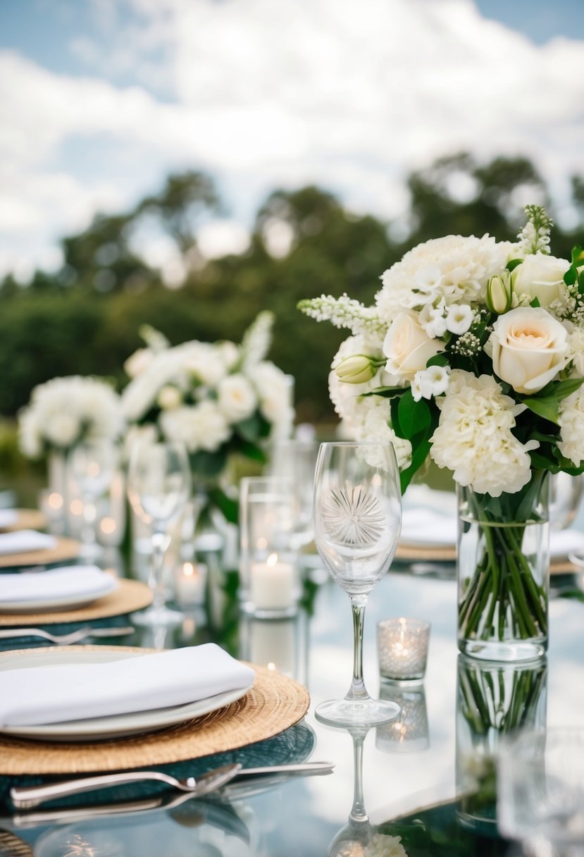 A glass table with all white wedding decorations