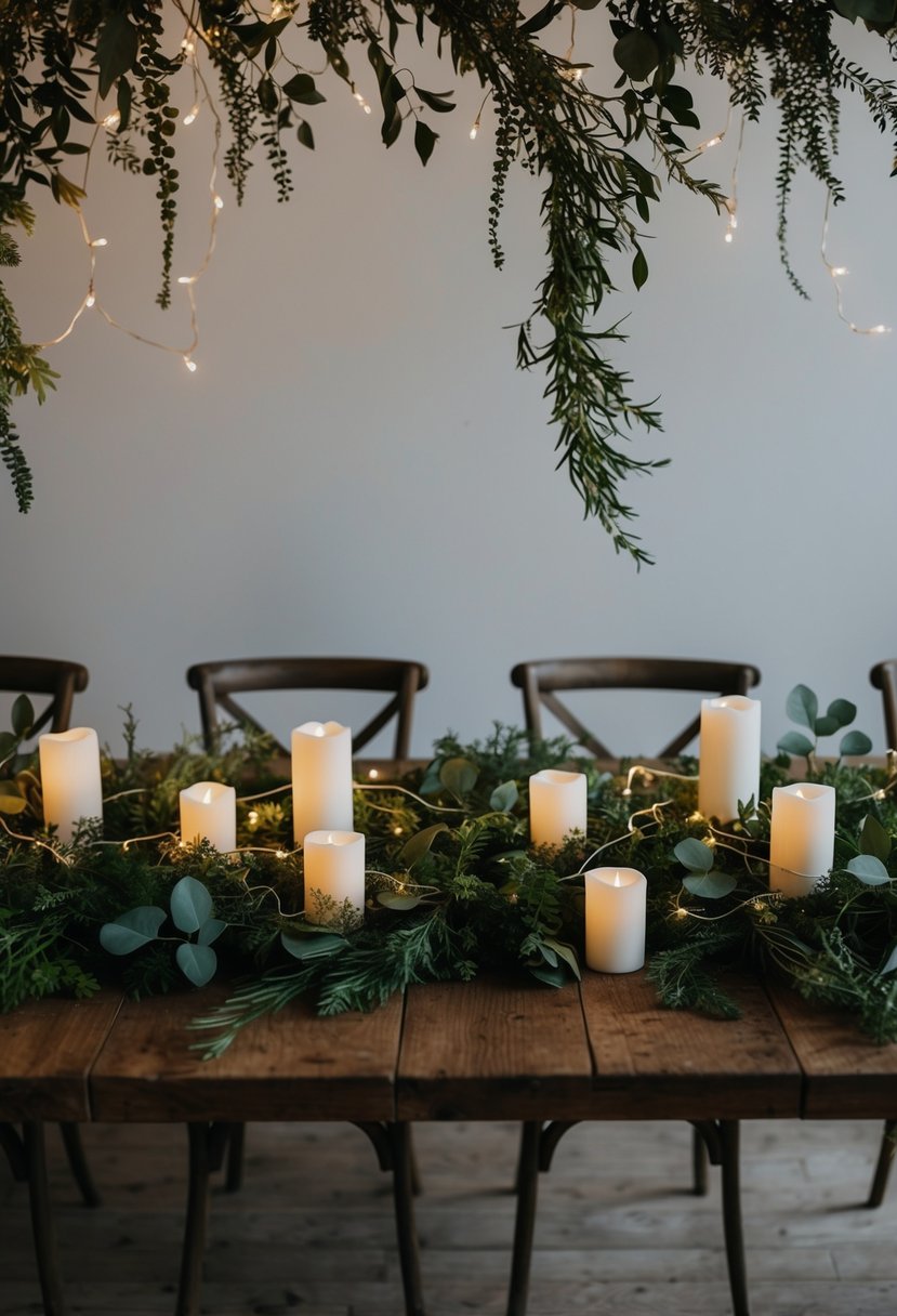 Lush greenery garlands cascade across a rustic wooden table, intertwined with delicate fairy lights and scattered with simple votive candles