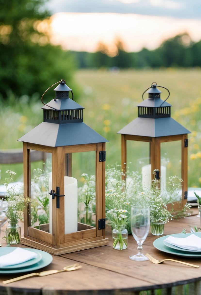 Rustic lanterns surrounded by delicate wildflowers on a simple, budget-friendly wedding table