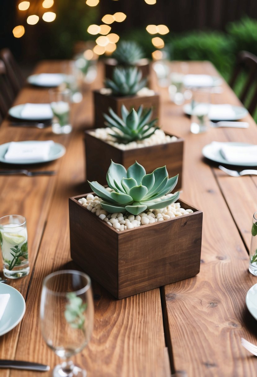 A rustic wooden table adorned with simple succulent plant holders, creating an elegant and budget-friendly wedding centerpiece