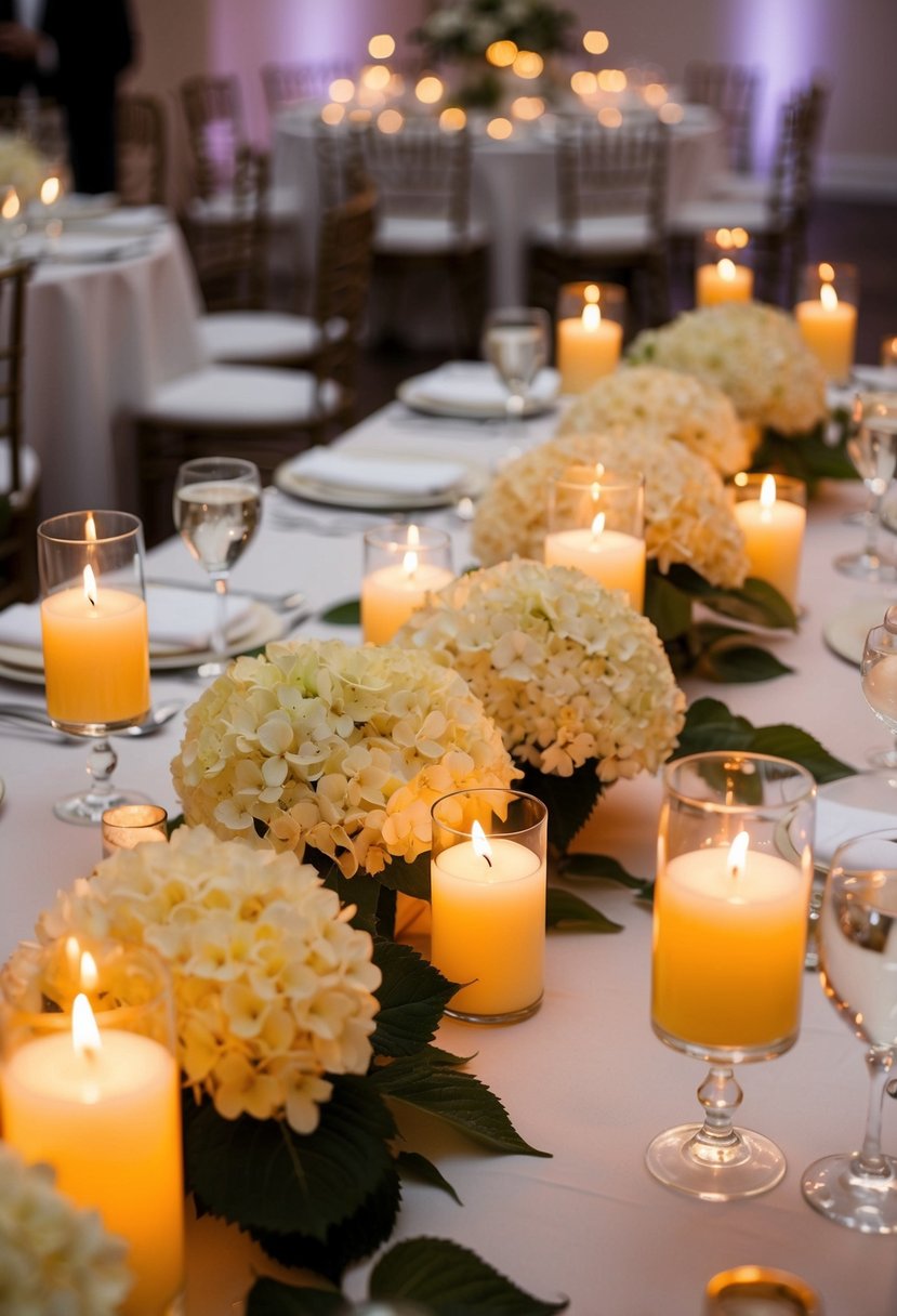 Floating candles illuminate hydrangea arrangements on a wedding reception table