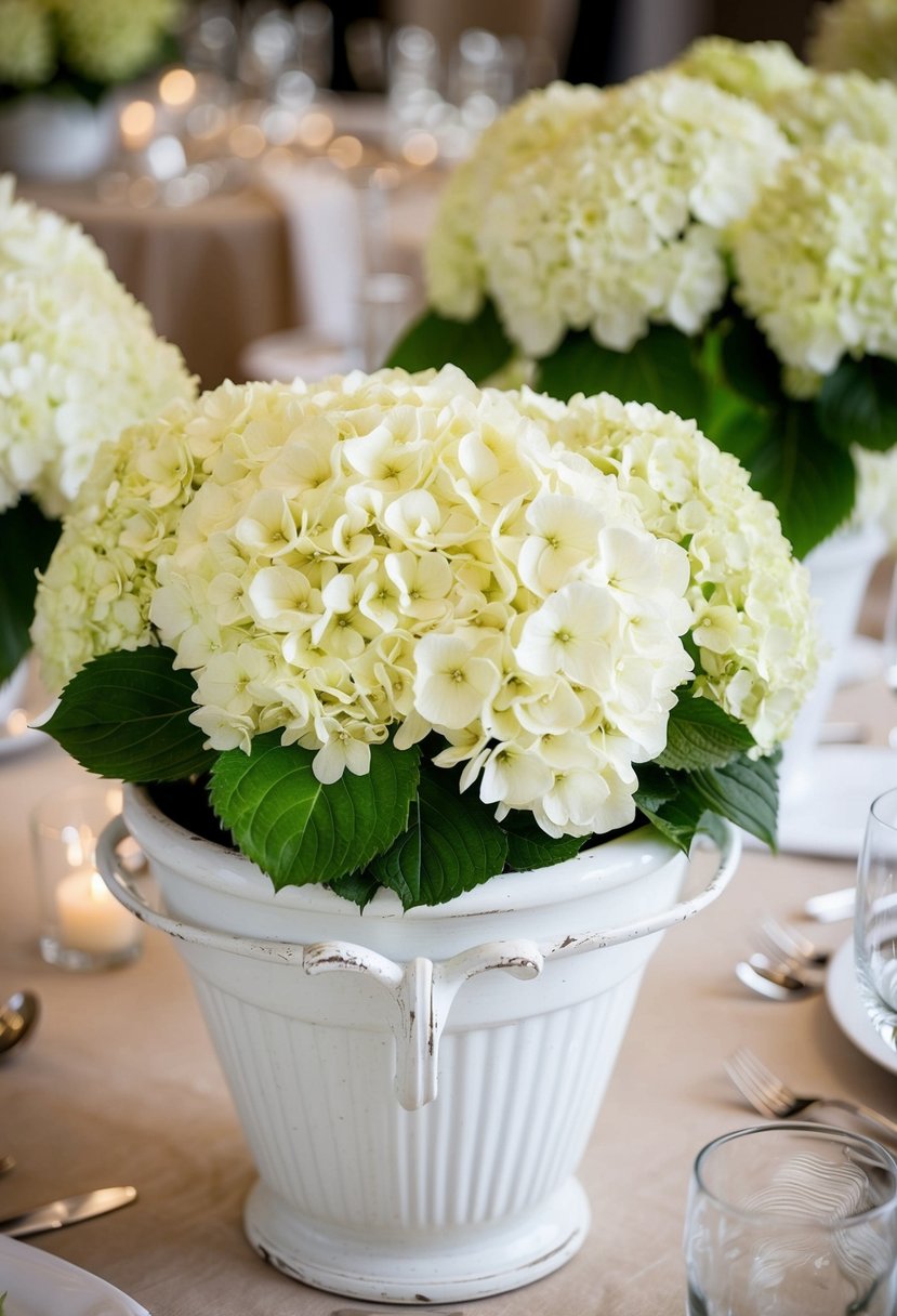 Antique white planters hold lush hydrangeas, creating a classic wedding table decoration