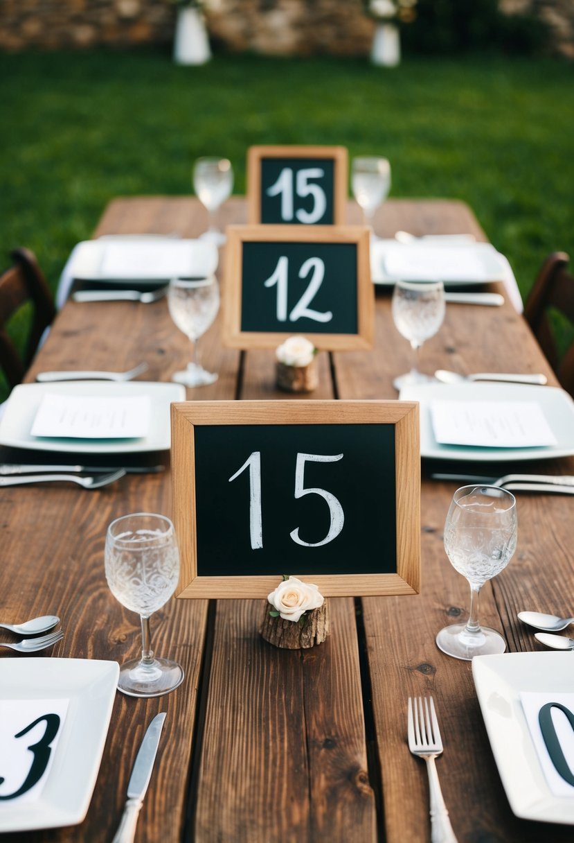 A rustic wooden table adorned with personalized chalkboard table numbers, surrounded by simple yet elegant budget wedding decorations