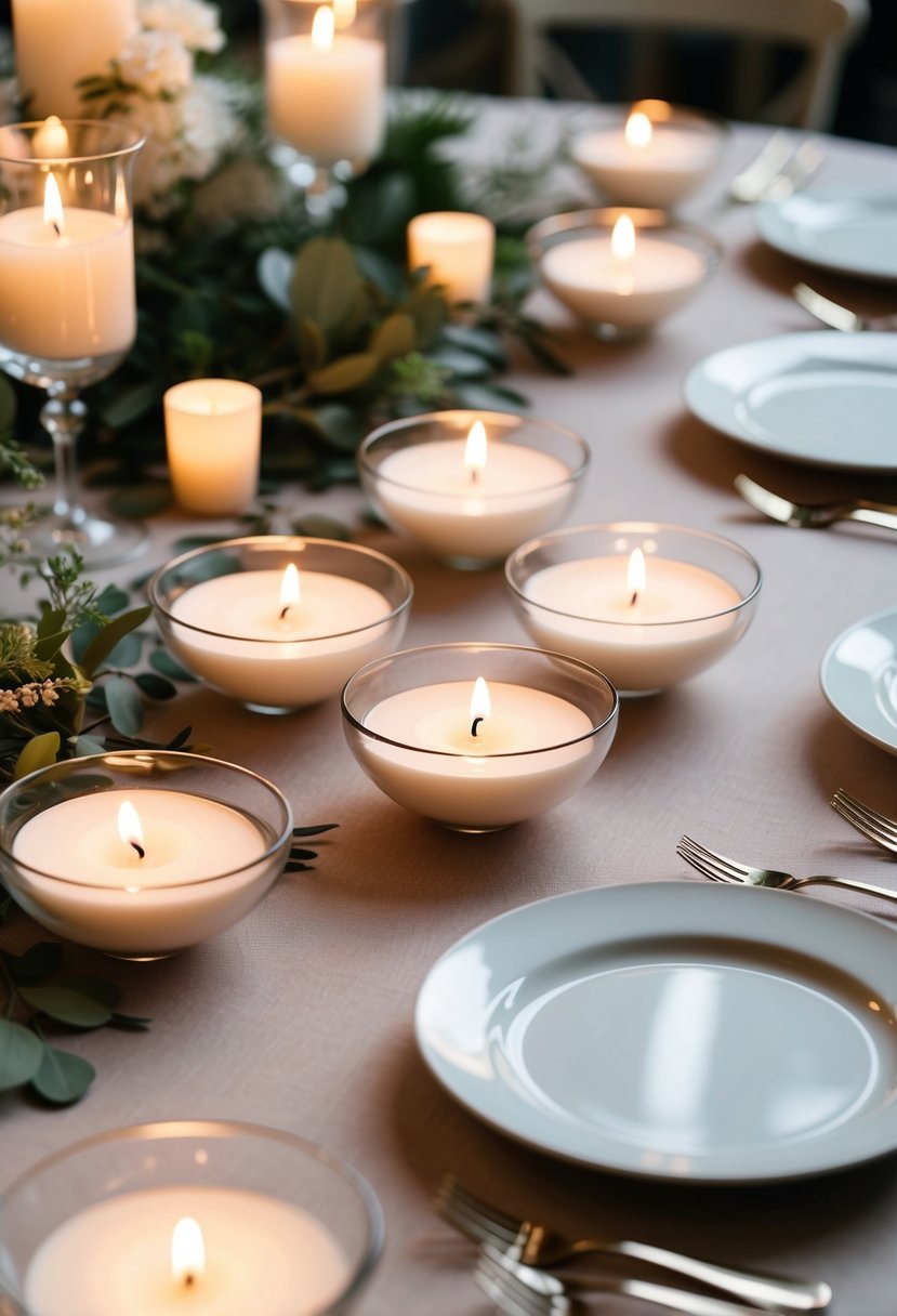 Several floating candle bowls arranged on a budget wedding table with delicate greenery and soft lighting