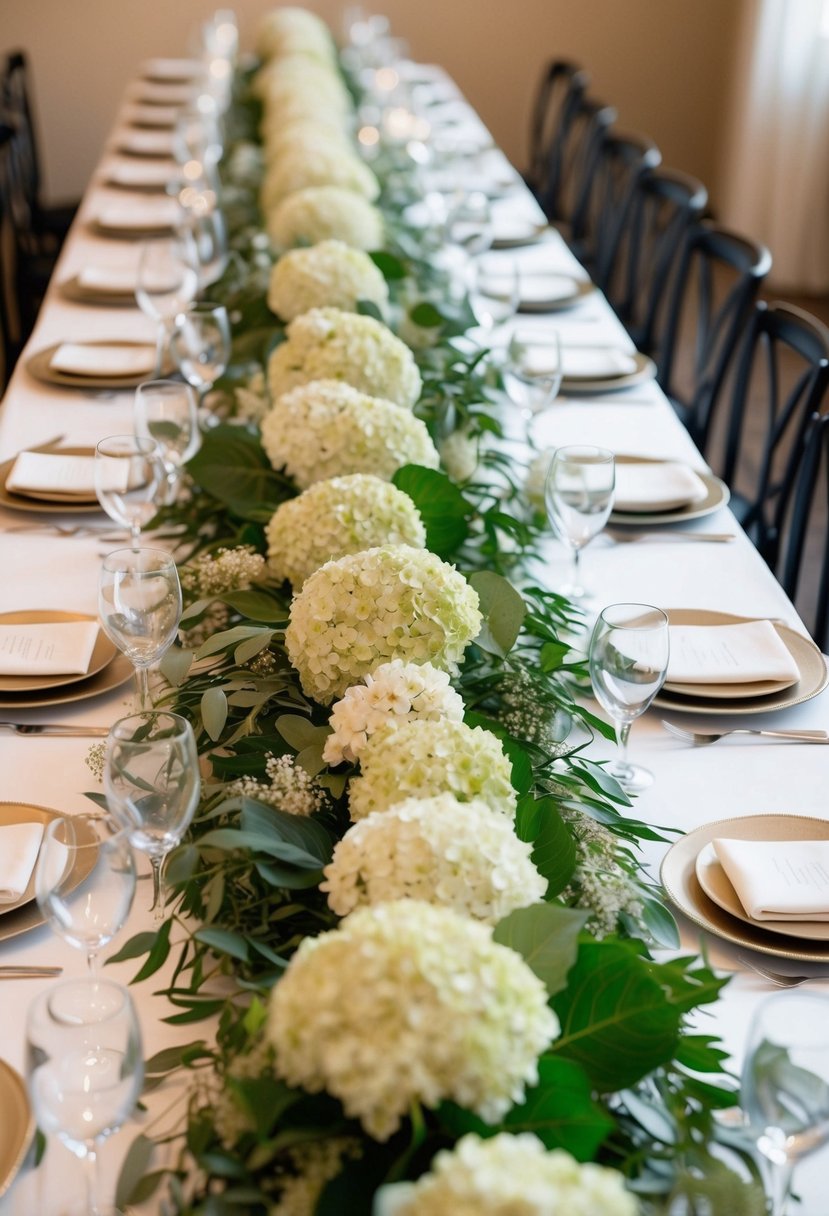 A long table adorned with a lush hydrangea table runner, intertwined with delicate greenery accents, creating a romantic and elegant wedding centerpiece