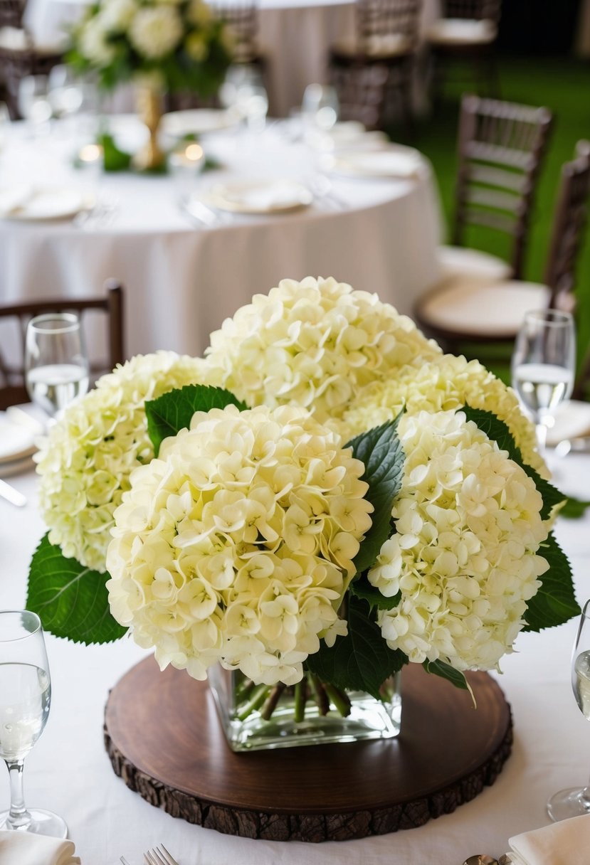 A lush hydrangea centerpiece with dark walnut accents for a wedding table