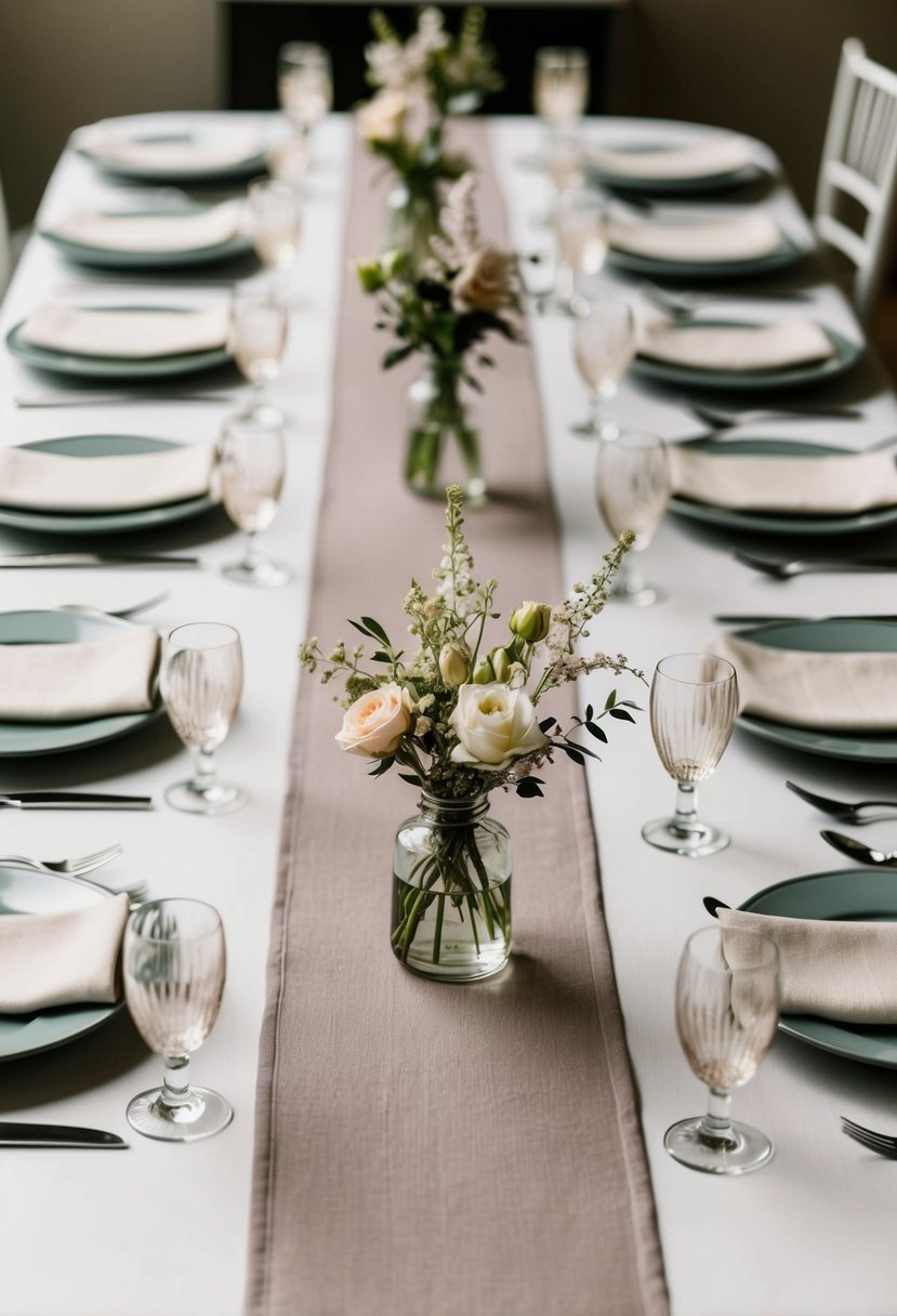 A simple, elegant table setting with fabric table runners in muted colors, adorned with delicate floral centerpieces