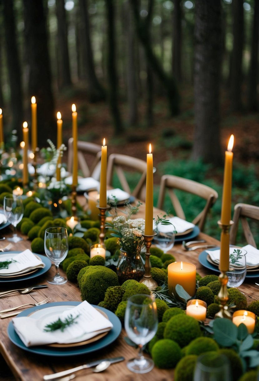 A rustic table adorned with moss-covered centerpieces, candles, and delicate florals for a woodland-themed wedding