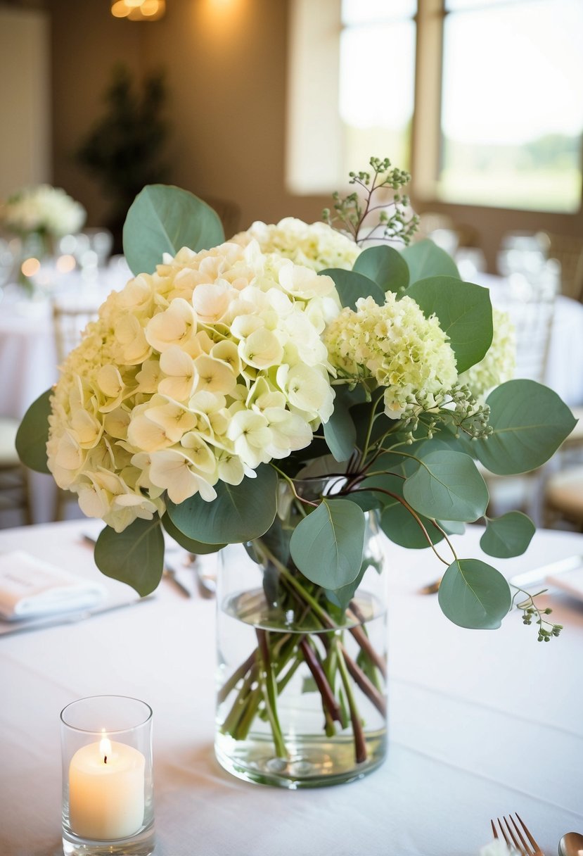 A vase of hydrangeas and eucalyptus leaves adorns a wedding table