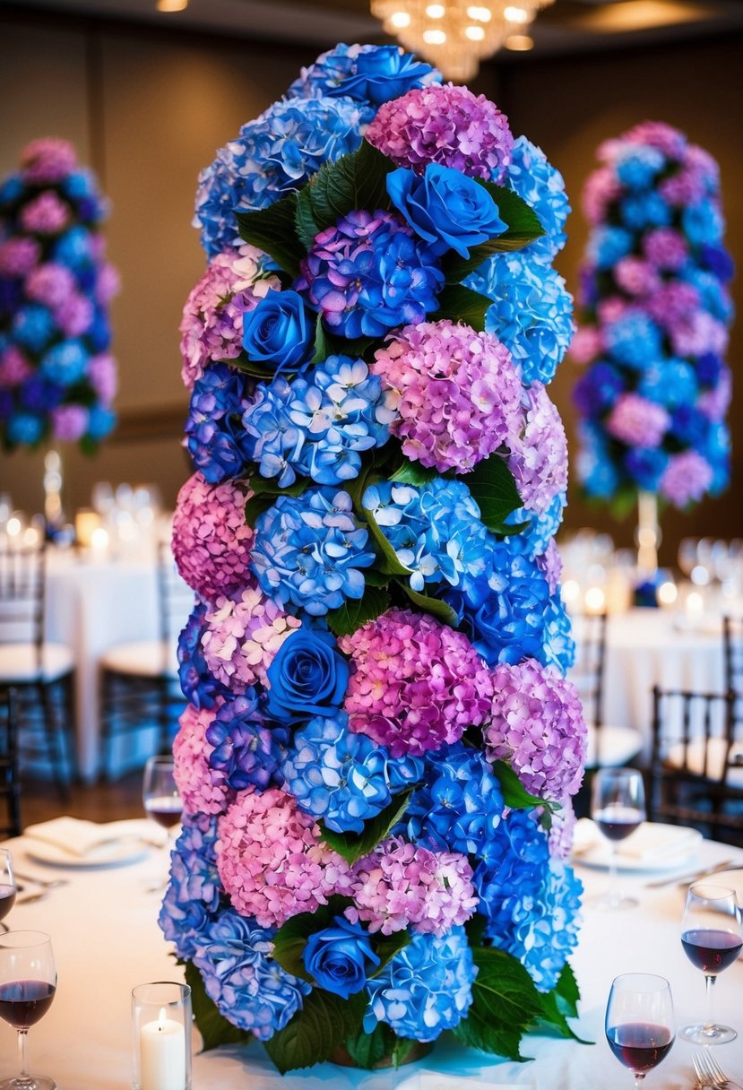 A towering hydrangea topiary stands as a dramatic centerpiece on a wedding table, with lush blooms in shades of blue, purple, and pink