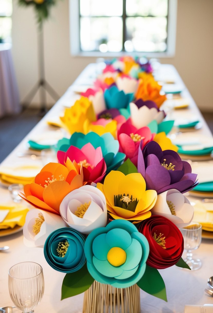 A table adorned with colorful paper flower bouquets, arranged in a budget-friendly wedding centerpiece