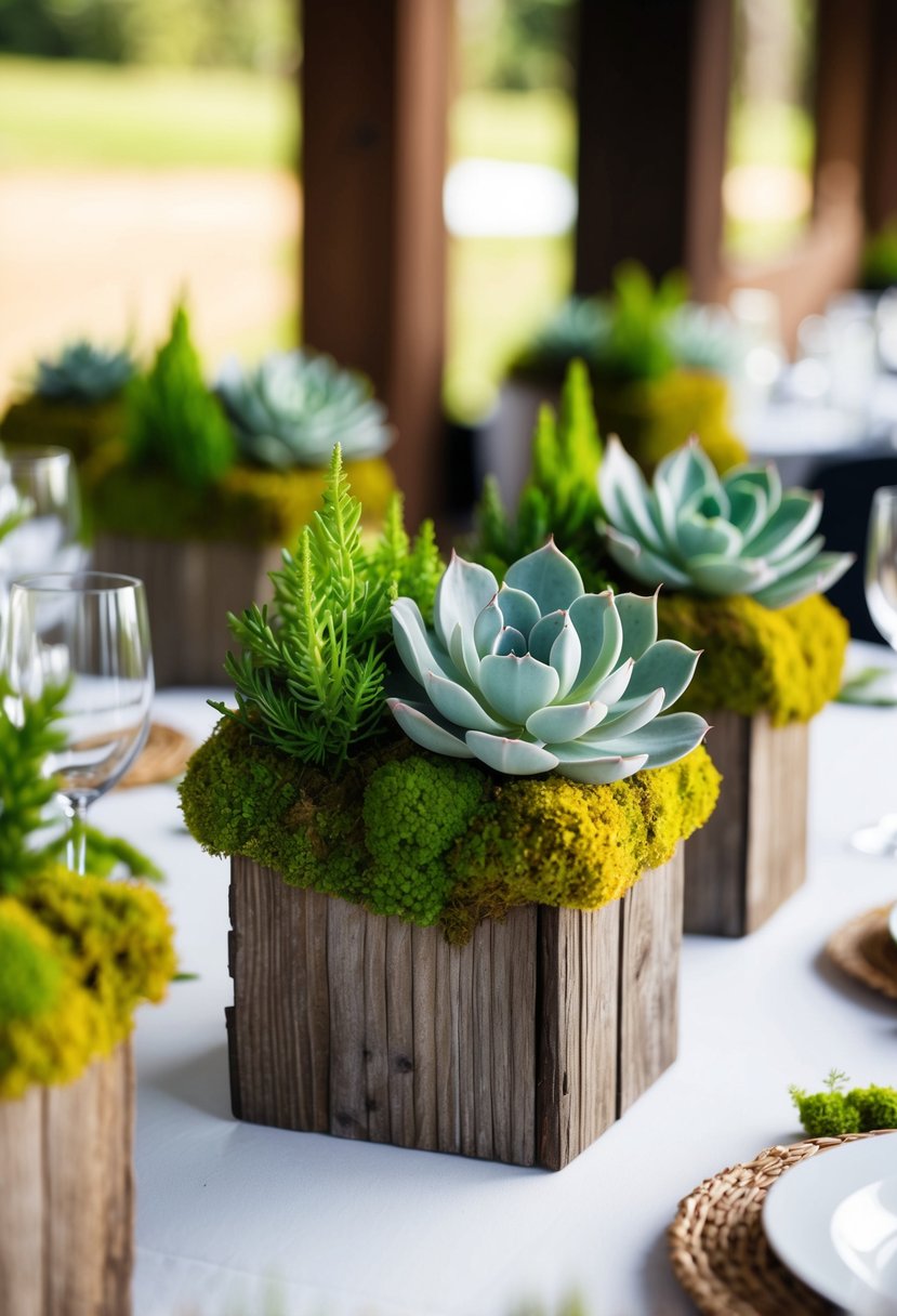 Lush green moss and vibrant succulents arranged in rustic wooden centerpieces for a wedding table