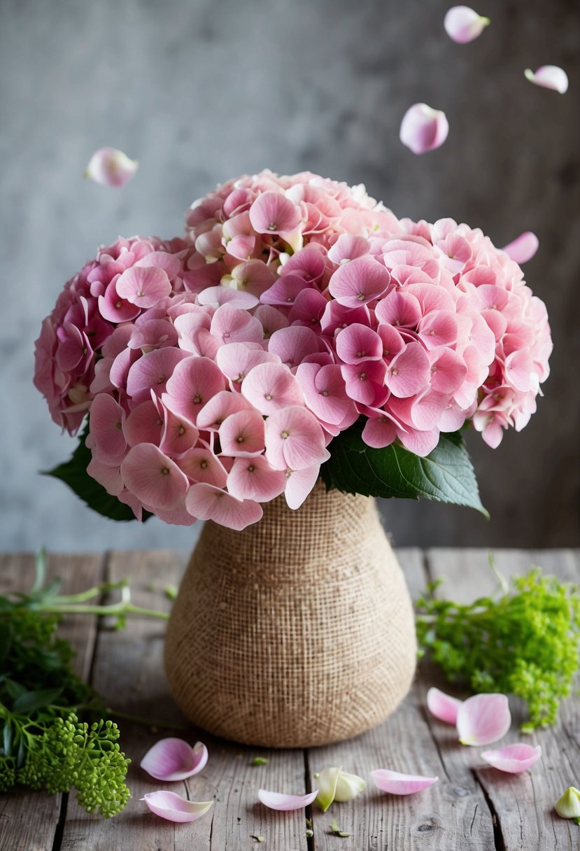 Soft pink hydrangeas arranged in a burlap-covered vase on a rustic wooden table, surrounded by scattered petals and greenery