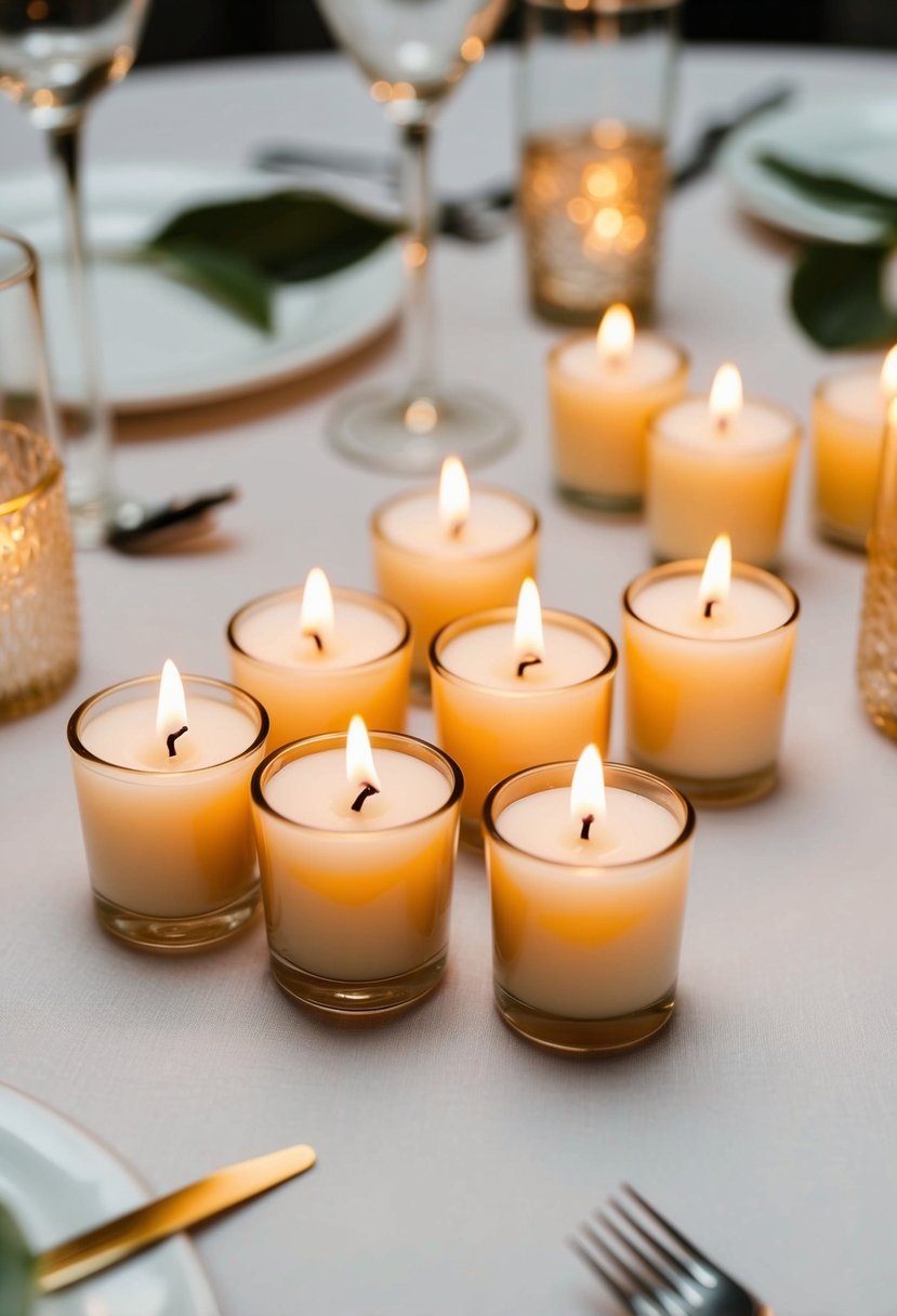 Several small votive candles are arranged in clusters on a simple, budget-friendly wedding table decoration