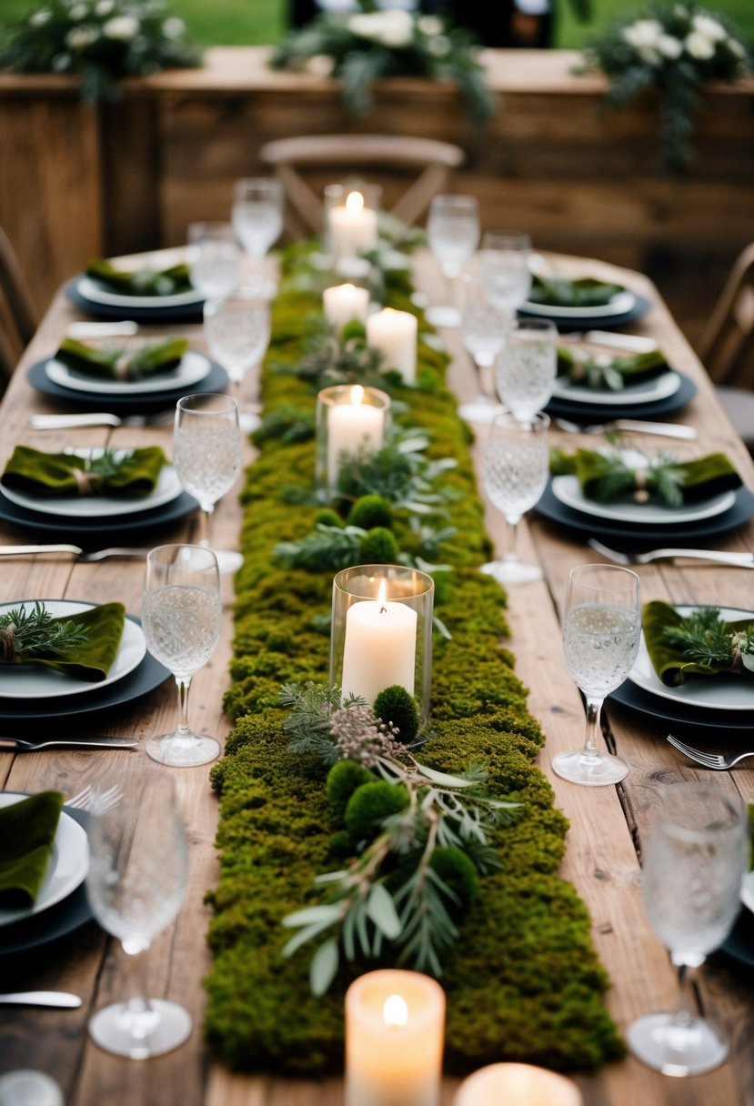 A rustic table set with moss table runners, adorned with delicate greenery and natural elements for a wedding celebration