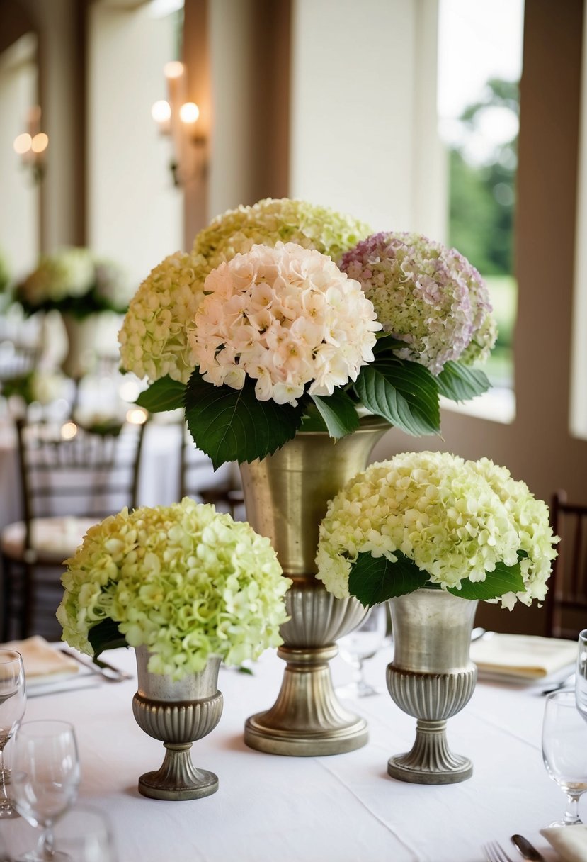 Hydrangeas arranged in antique vases for a wedding table centerpiece