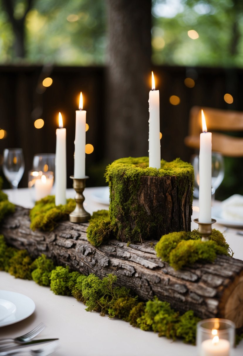 A wooden log covered in moss, adorned with flickering candles, serves as a rustic and enchanting wedding table decoration