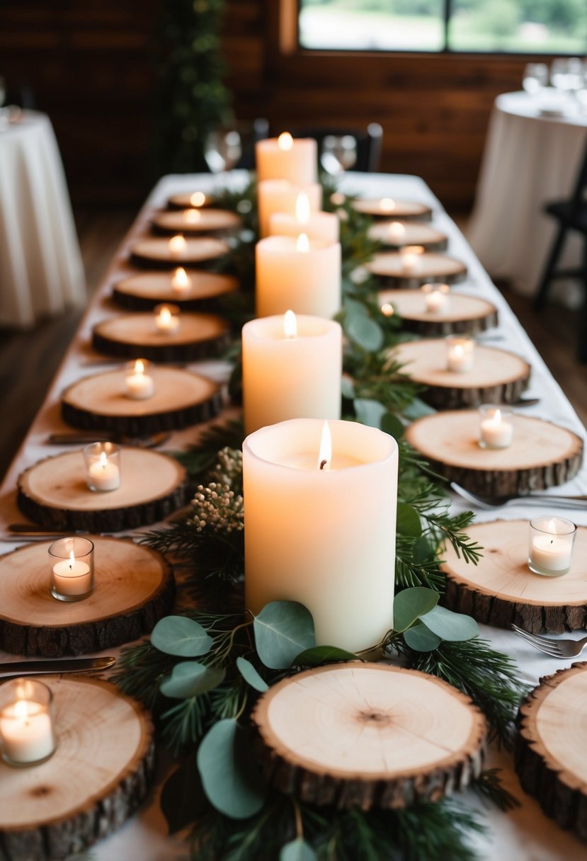 Wood slices arranged with candles and greenery on rustic wedding tables