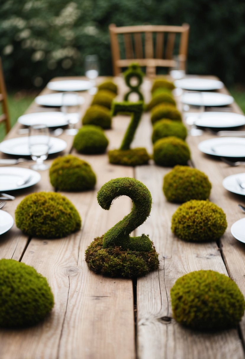 Moss-covered table numbers arranged on a rustic wooden table