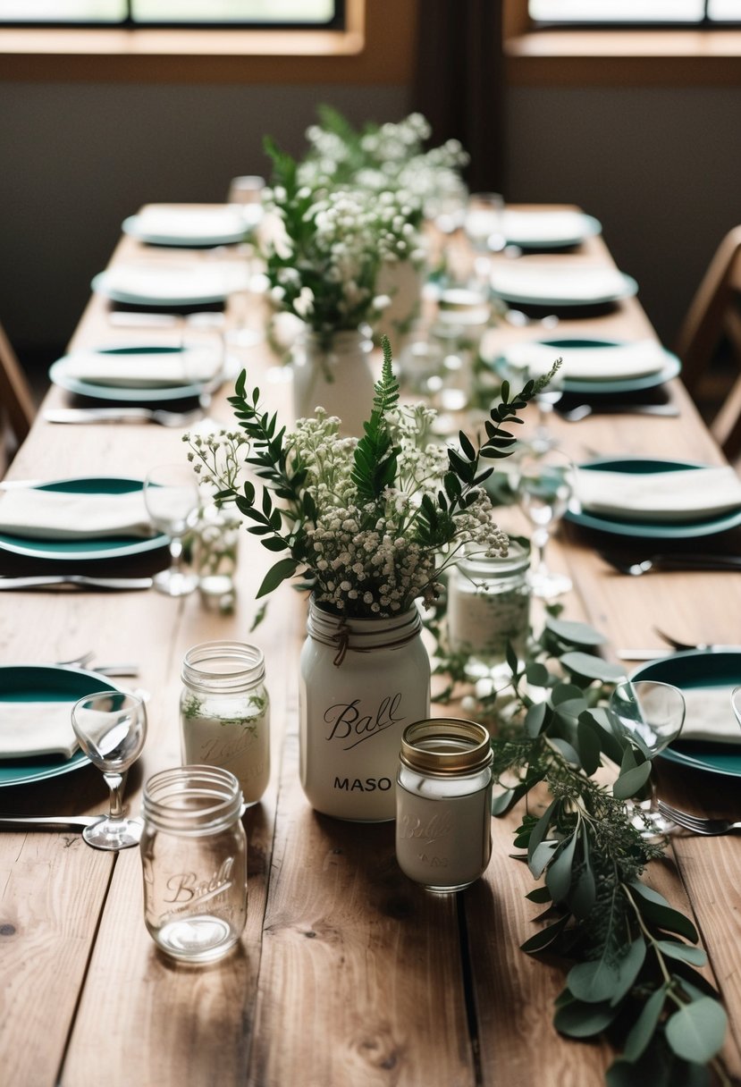 A rustic wooden table adorned with simple floral arrangements in mason jars, accented with greenery and baby's breath, creating a budget-friendly and elegant wedding centerpiece