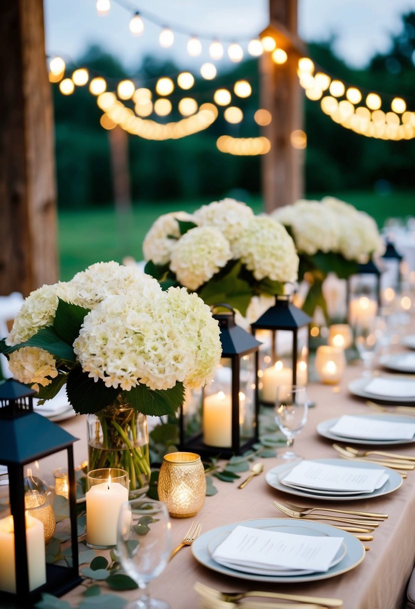 A table adorned with hydrangeas and lanterns creates a cozy wedding ambiance