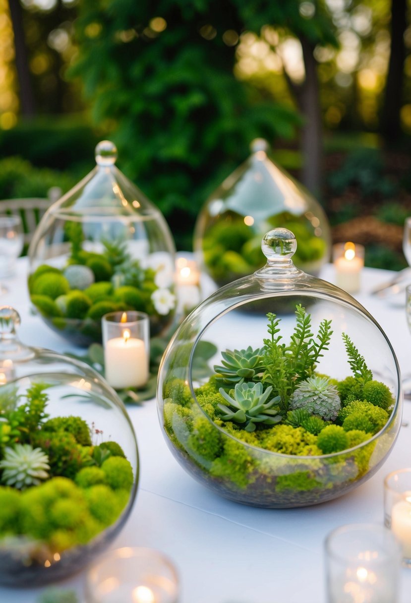 Lush green moss-filled terrariums adorn a wedding table, creating a natural and earthy ambiance