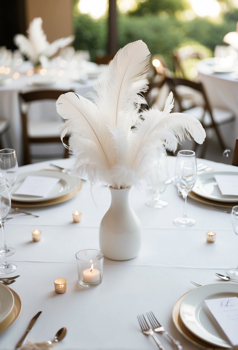 A simple white table adorned with delicate feather accents, surrounded by budget-friendly wedding decorations