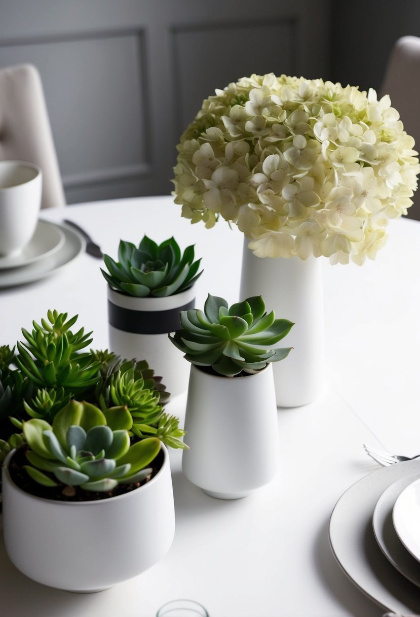 A white table with a mix of hydrangeas and succulents arranged in modern vases