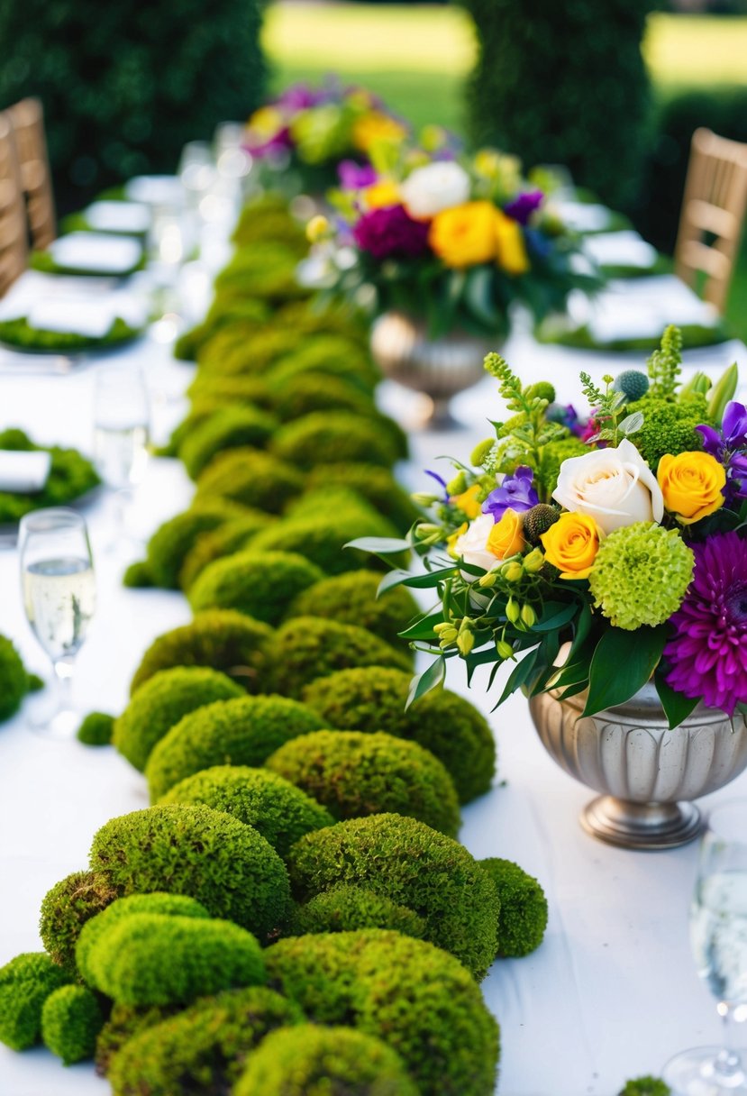 Lush green moss intertwined with vibrant floral bouquets adorning a wedding table