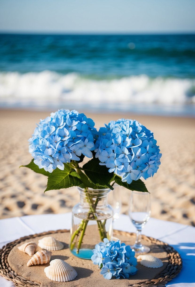 A table adorned with blue hydrangeas and seashells, set against a backdrop of sandy beach and ocean waves