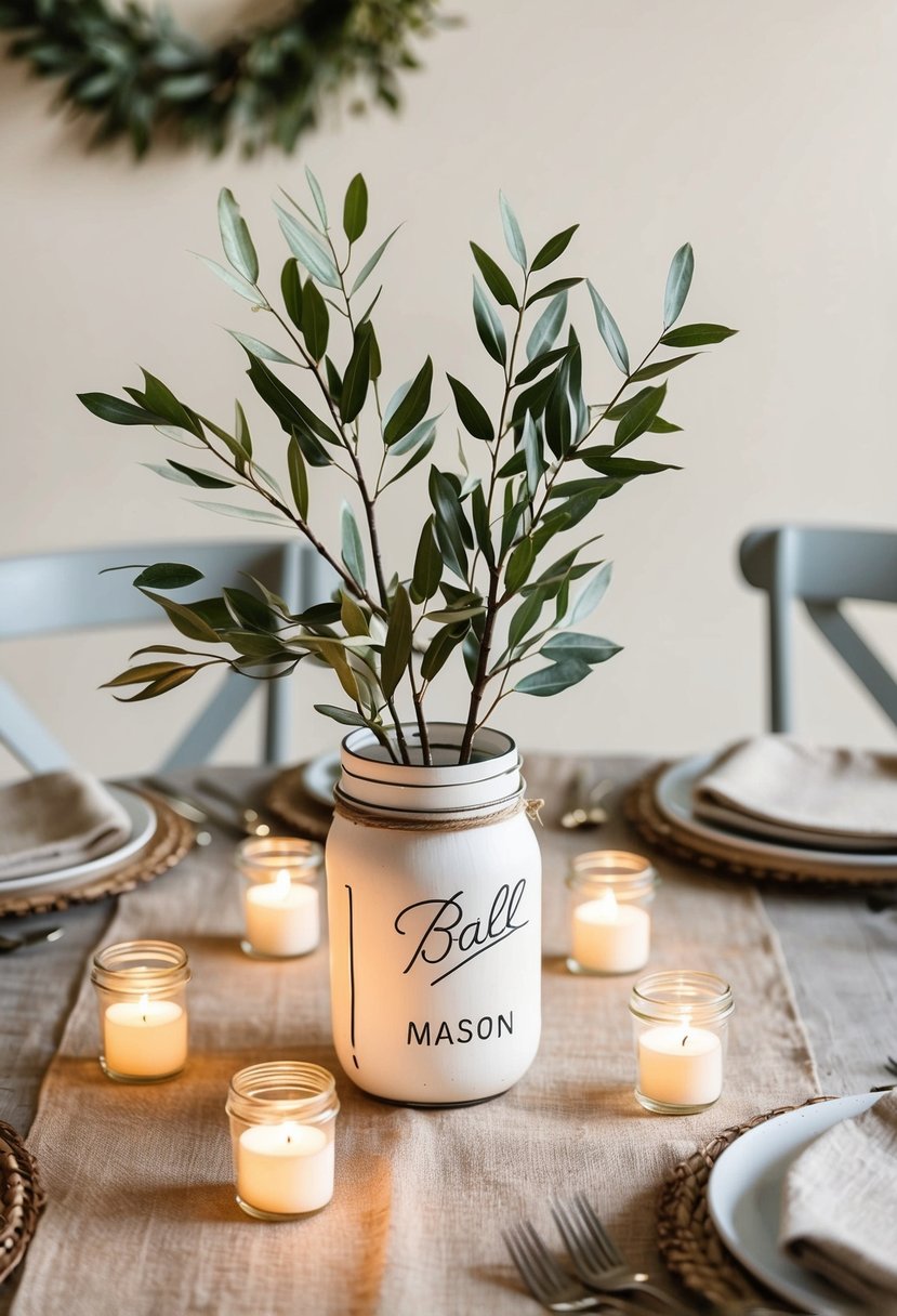 A simple, rustic table setting featuring a leafy branch centerpiece in a mason jar vase, surrounded by tea lights and neutral-colored linens