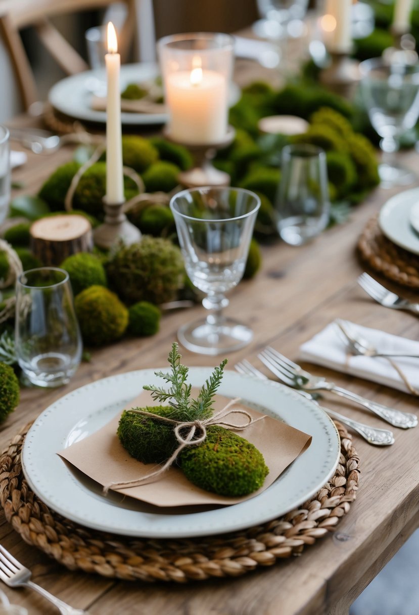 Rustic table settings adorned with moss, twine, and delicate greenery