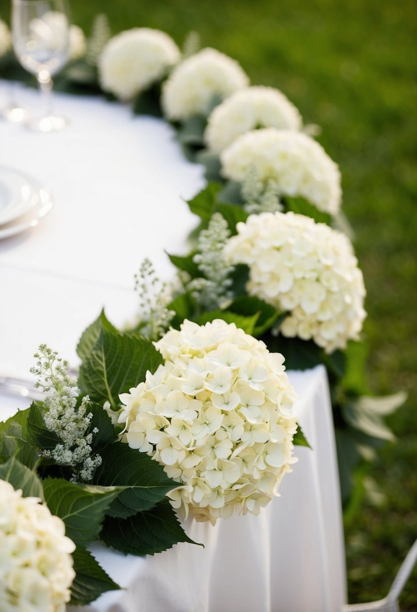 Hydrangea garlands adorn the table edge, creating a delicate and romantic wedding decoration