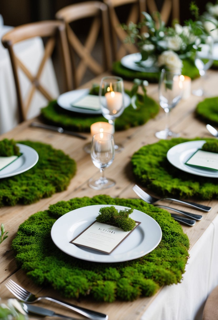 Lush green moss placemats adorn a rustic wedding table, adding a natural touch to the elegant decor