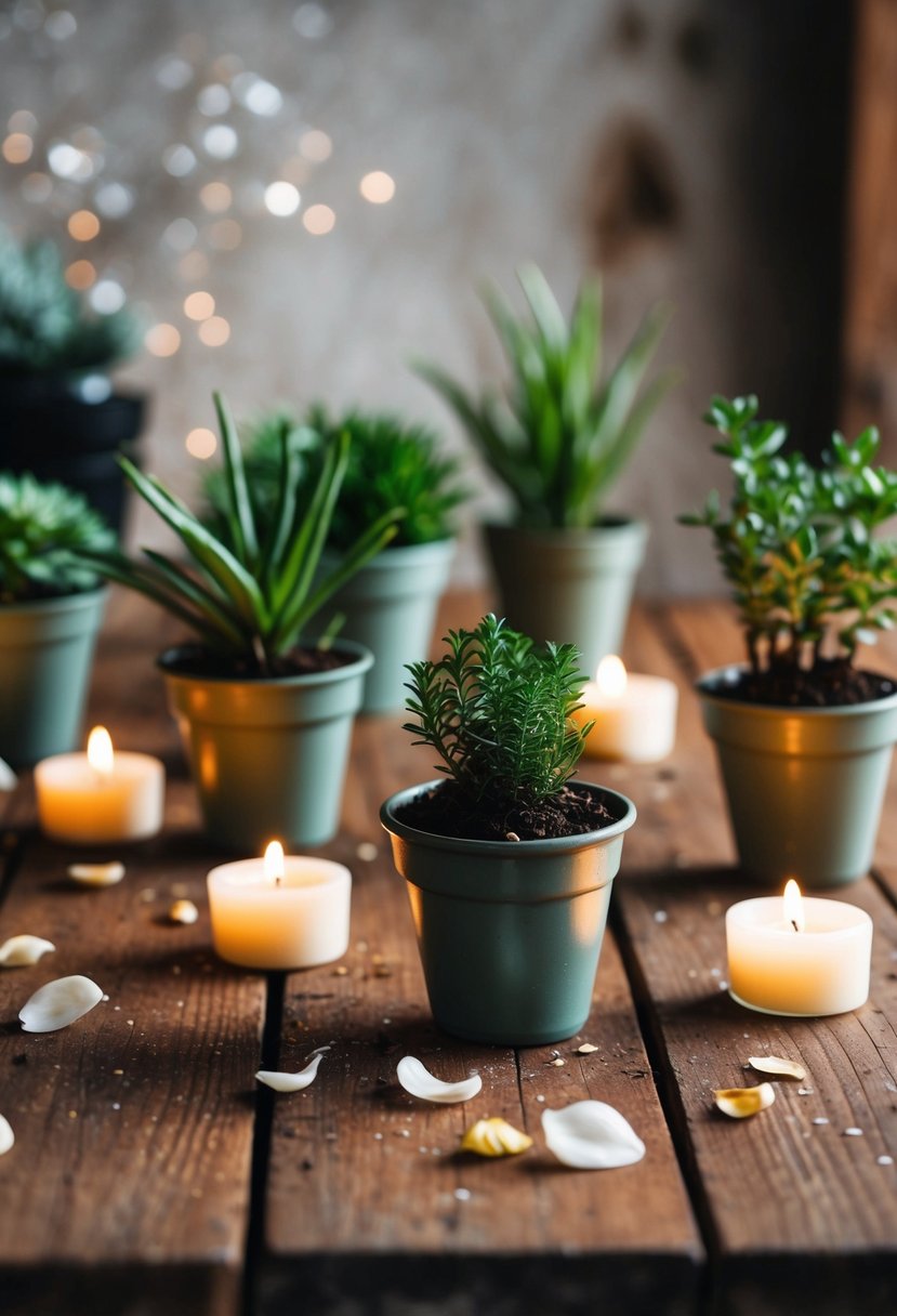 Mini potted plants arranged on a rustic wooden table with scattered petals and candles