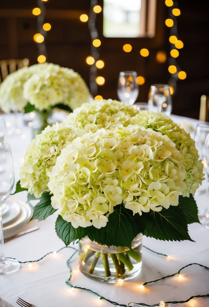 Hydrangeas adorned with twinkling fairy lights on a wedding table