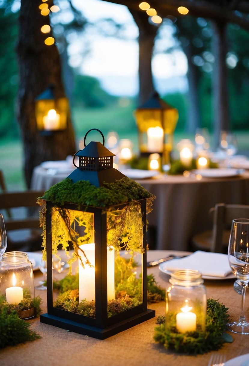 Moss-covered lanterns illuminate a rustic wedding table, creating an enchanting and natural ambiance