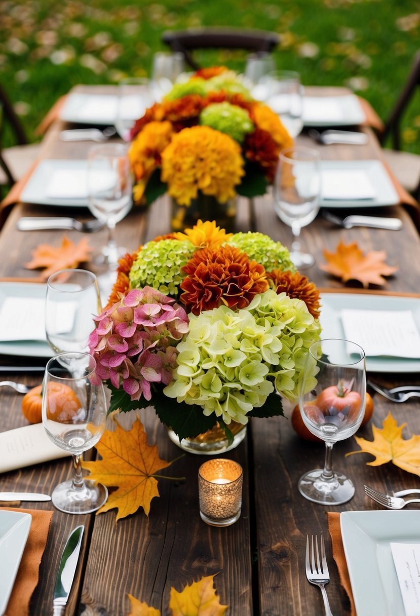 A rustic wooden table adorned with vibrant hydrangeas and autumn leaves, creating a beautiful centerpiece for a fall wedding celebration