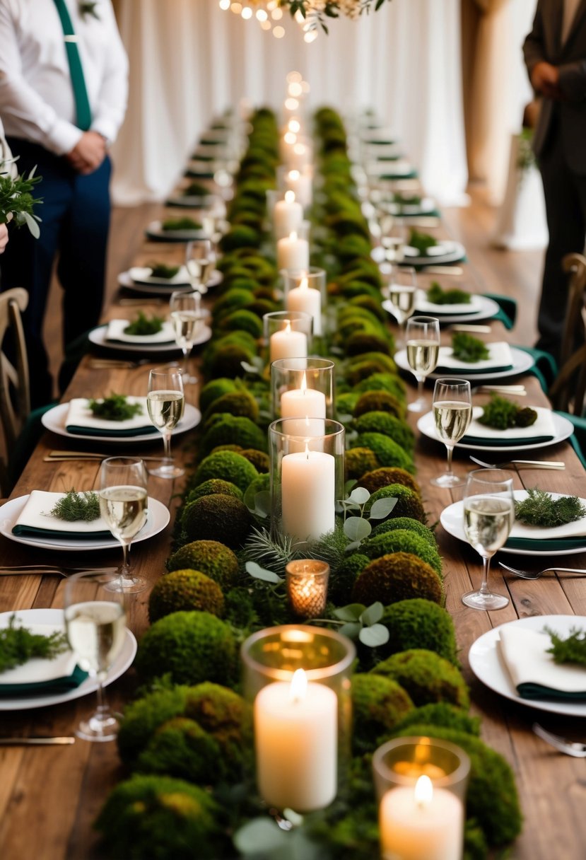 A rustic wedding table adorned with moss-covered aisle runners and natural greenery