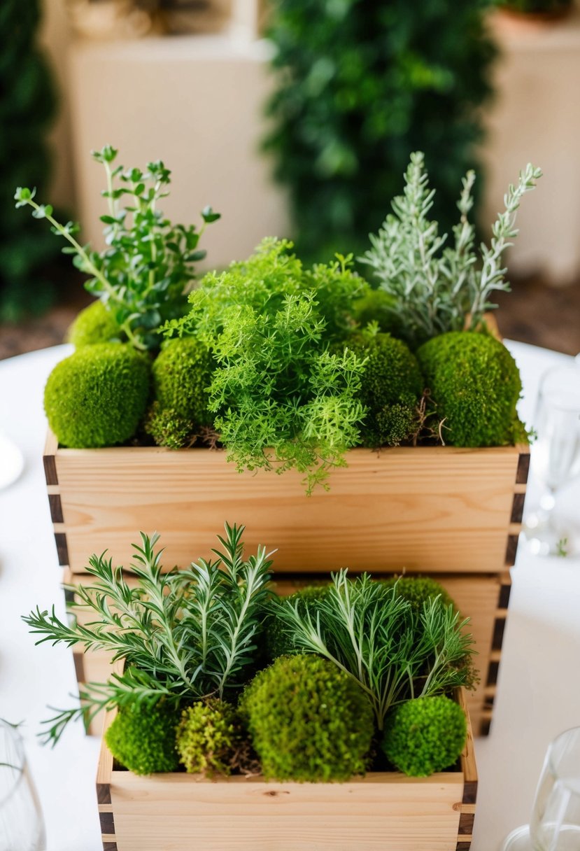 Lush green moss and delicate herbs arranged in wooden boxes for wedding table decorations