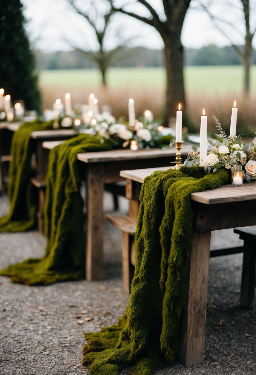 Moss-covered tablecloths draped over rustic wooden tables, adorned with delicate floral arrangements and flickering candles