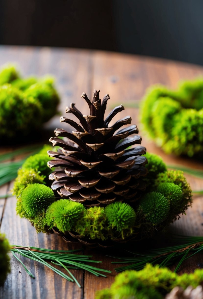 A pinecone surrounded by vibrant green moss, nestled on a wooden table, with scattered pine needles