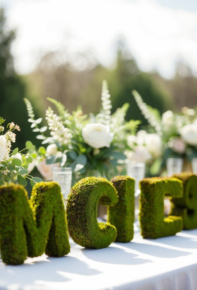 Moss-covered letters arranged on a wedding table, surrounded by greenery and delicate floral accents