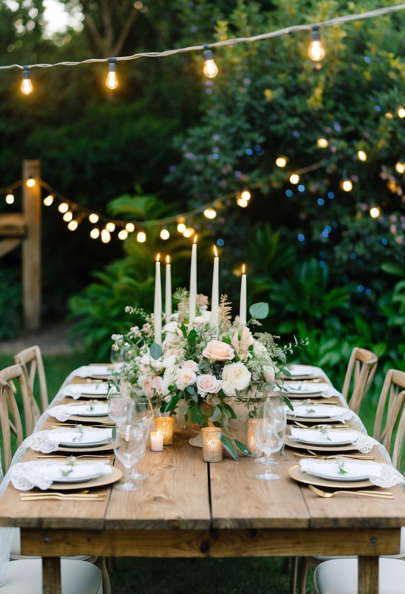 A rustic wooden table adorned with floral centerpieces, candles, and delicate lace linens, set against a backdrop of lush greenery and twinkling string lights