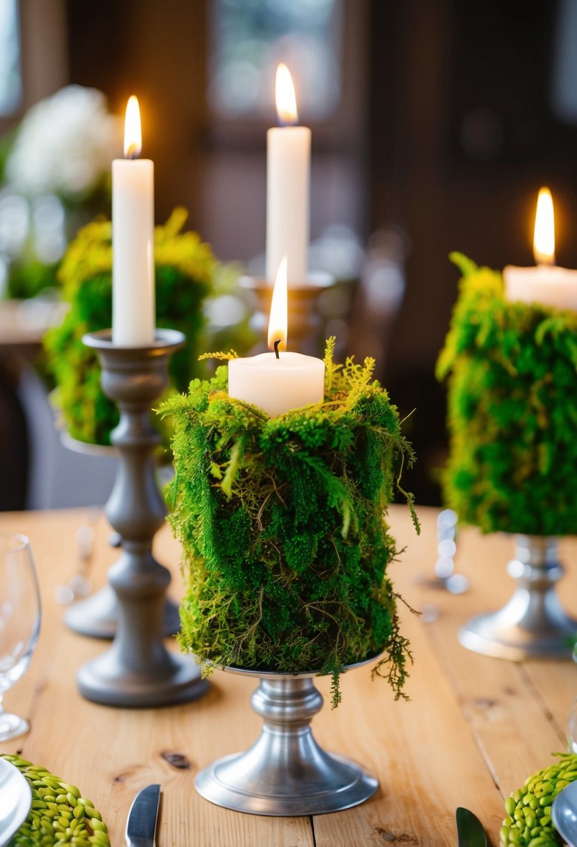 Candle holders adorned with vibrant green moss, creating a natural and rustic wedding table decoration