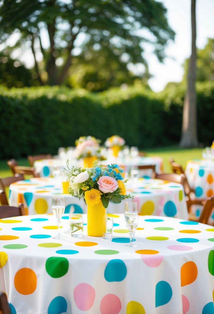 Bright polka dot tablecloths adorn outdoor wedding tables for a chic summer vibe