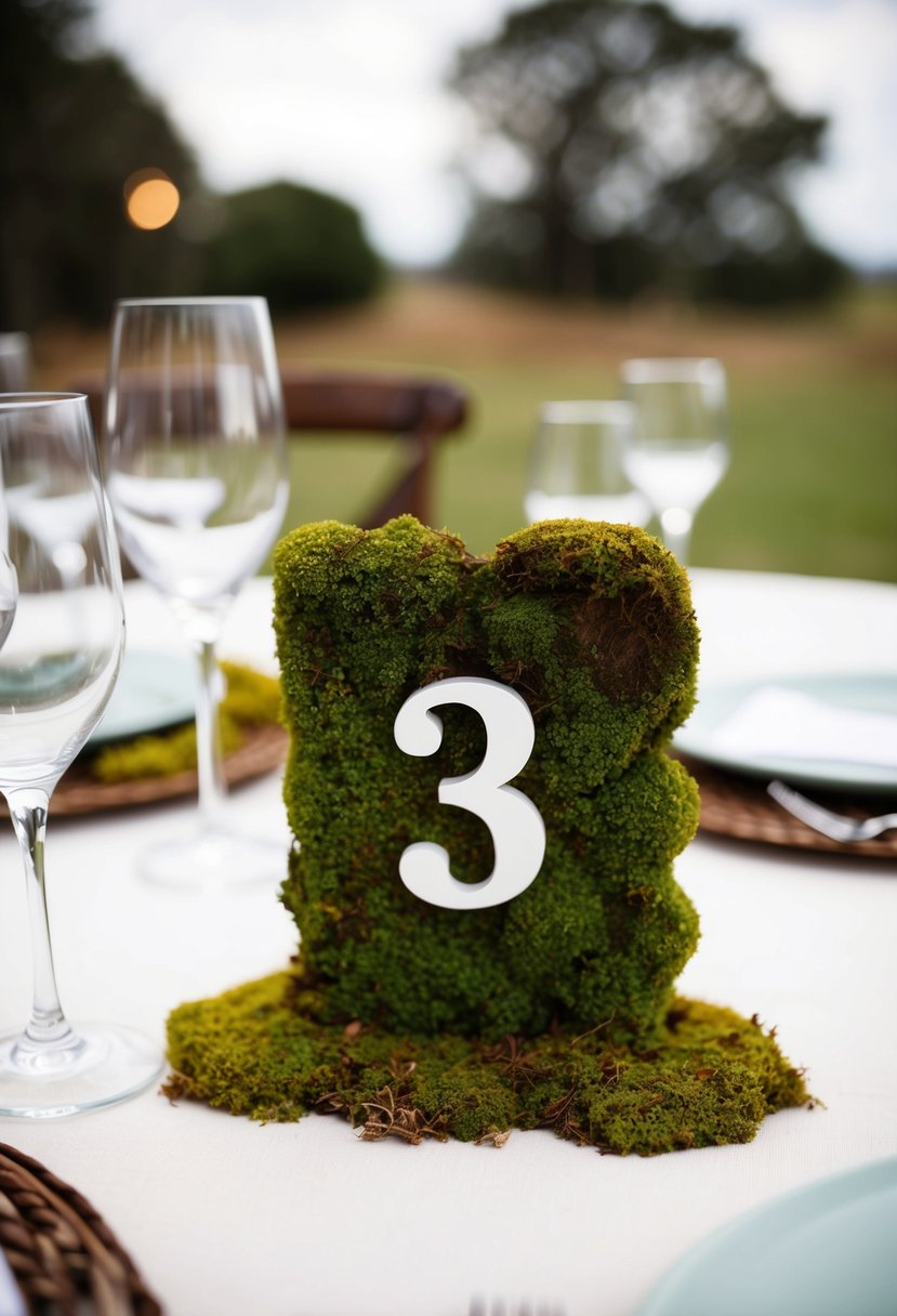 Moss-covered table numbers blend with rustic outdoor setting