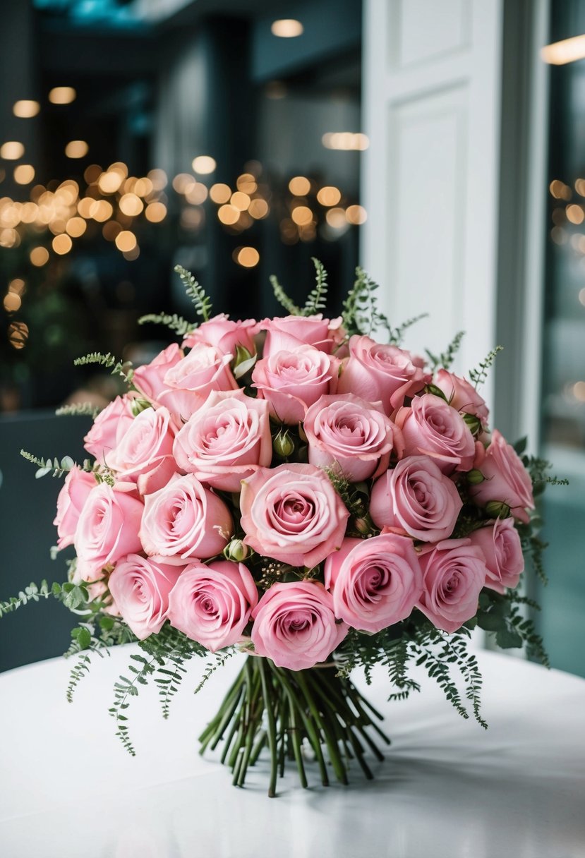 A lush bouquet of pink roses, accented with delicate greenery, sits on a table